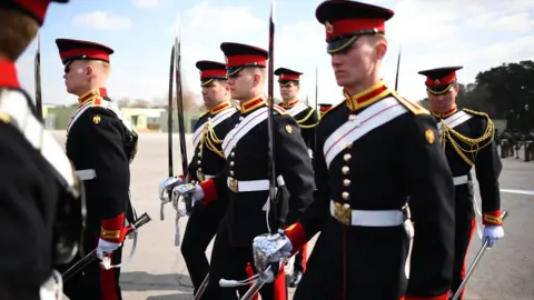 PA Media Members of the Household Cavalry, The Blues and Royals rehearsing for the Duke of Edinburgh's funeral