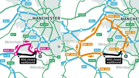 National Highways Maps of two diversions on the M56 to Manchester Airport - one through Altrincham and one via the M6, M60 and M56 westbound