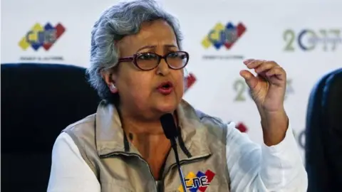 EPA The president of the National Electoral Council (CNE) Tibisay Lucena speaks to the press to present the first report of the elections of the National Constituent Assembly in Caracas, Venezuela, 31 July 2017.