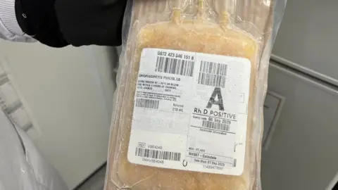 Nikki Fox/BBC Frozen plasma product at Royal Papworth