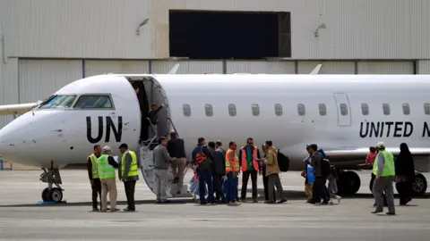 AFP A UN Bombardier aircraft at Sanaa International Airport on 3 February 2020