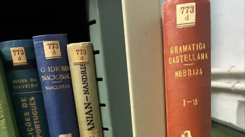 Old library books are lined up on a shelf. The Spanish grammar book that was recently returned has an orange spine.