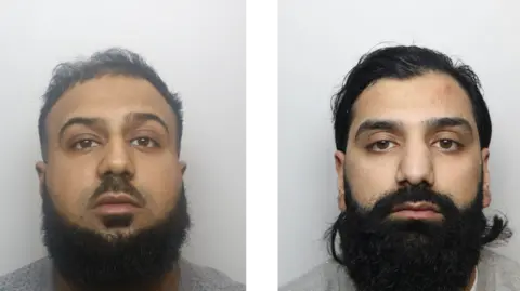 Police mugshots of Samran Ali and Arbaaz Ali. Samran has dark black hair and a black trimmed beard, while Arbaaz has long black hair and a black beard.