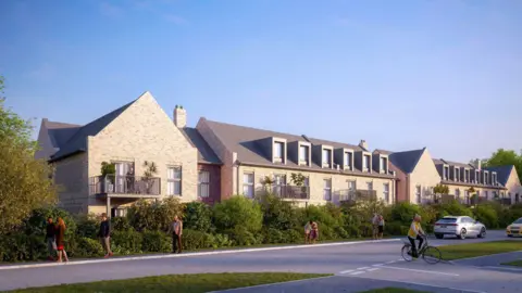 An image of a large two-storey building behind hedges and shrubs and a path in front with people walking and a road with cars running alongside