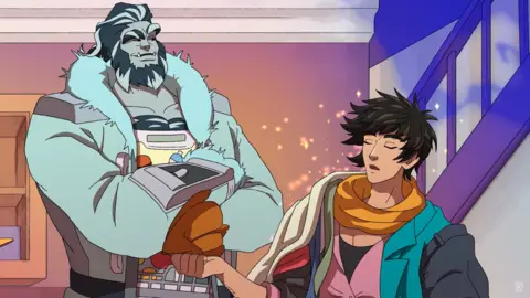 Sassy Chap/Team 17 An anime-style cartoon image of two characters locked in a discussion in a domestic setting. One is a bulky, beast character with blue slicked-back hair and matching beard. He wears a light blue furred jacked and stands with his arms crossed. The other character is two heads shorter and sports dark, traditional anime hero hair and wears slightly old-fashioned robes.