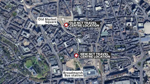 A map showing the distance between the old NCT travel centre and the new one - with a marker added for the Broadmarsh bus station.