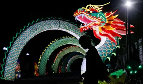 AFP A visitor is silhouetted while passing by the statue of a dragon for the upcoming Chinese New Year celebrations in Banting, Malaysia