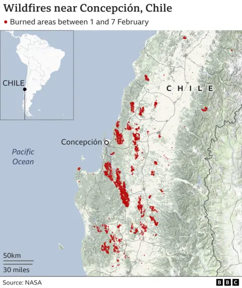 Mapa de incendios en Chile