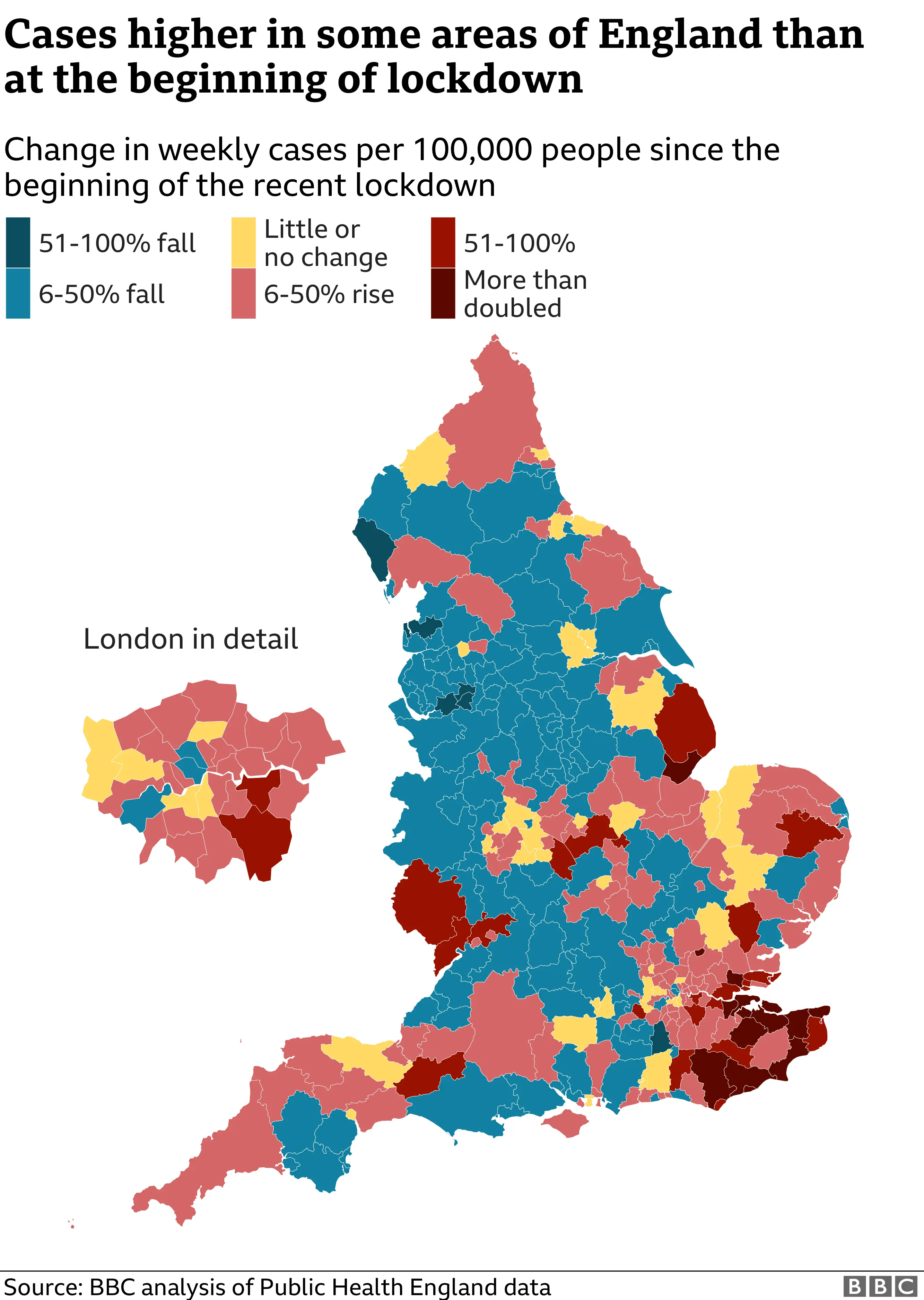 How have cases in areas of England changed since lockdown started?