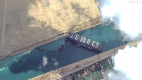 Getty Images Satellite imagery of the Suez Canal and the container ship that remains stuck