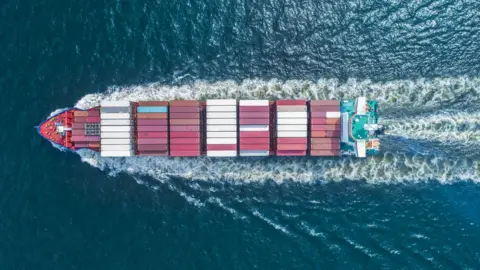 Getty Images Aerial view of a cargo ship