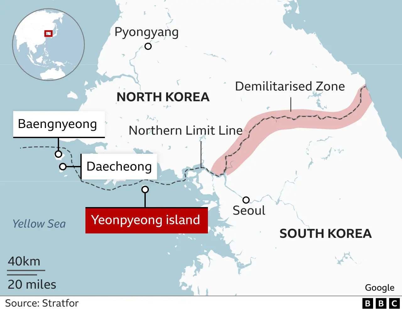Um mapa da BBC mostra a Coreia do Norte e do Sul com as respectivas capitais, Pyongyang e Seul, ambas marcadas - juntamente com as ilhas Yeonpyeong, Daecheong e Baengnyeong do Sul, a oeste.