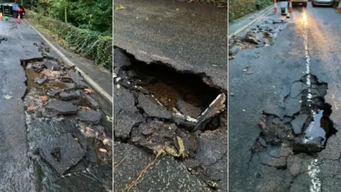 Derbyshire County Council Burst water pipe on the B5035 Crich Road, between Whatstandwell and Crich, in Derbyshire