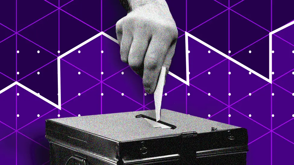 The image from the BBC's general election poll tracking shows a hand with a ballot paper putting it into a ballot box with a poll results table behind