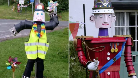 A composite image showing two flower pot creations. The first is a person wearing a hi-vis jacket with a rainbow-coloured necklace standing at the side of a road. The second is of a regal figure in military uniform wearing medals.