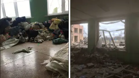 Tania Image showing two photographs of a school - with piles of clothes on the left and smashed windows and rubble on the floor on the right