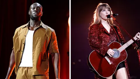 PA Media/Getty Images Composite image of Stormzy on the left and Taylor Swift on the right, with a white line in the middle dividing the two imags. Stormzy is wearing a mustard coloured half top and trousers, with a white vest. He is looking at the camera, with the background darkened out. Taylor is wearing a glittery red outfit, playing a red guitar as she sings into a microphone. The background is darkened out with a light shining on Taylor behind her.