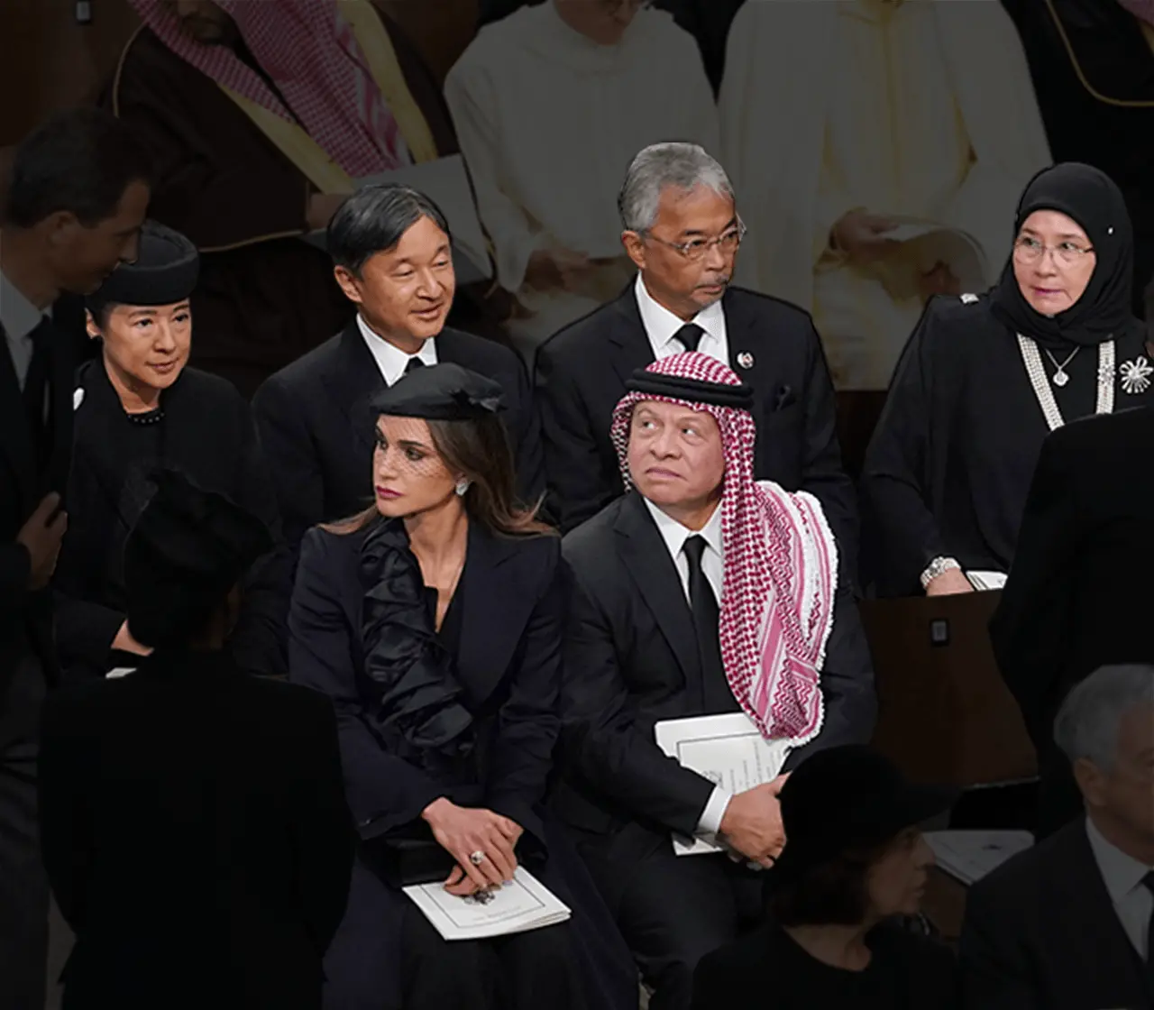 PA Media Empress Masako and Emperor Naruhito of Japan, Malaysia's King Sultan Abdullah Sultan Ahmad Shah (and Queen Tunku Azizah Aminah Maimunah Iskandariah, and in front of them King Abdullah II and Queen Rania Al-Abdullah of Jordan