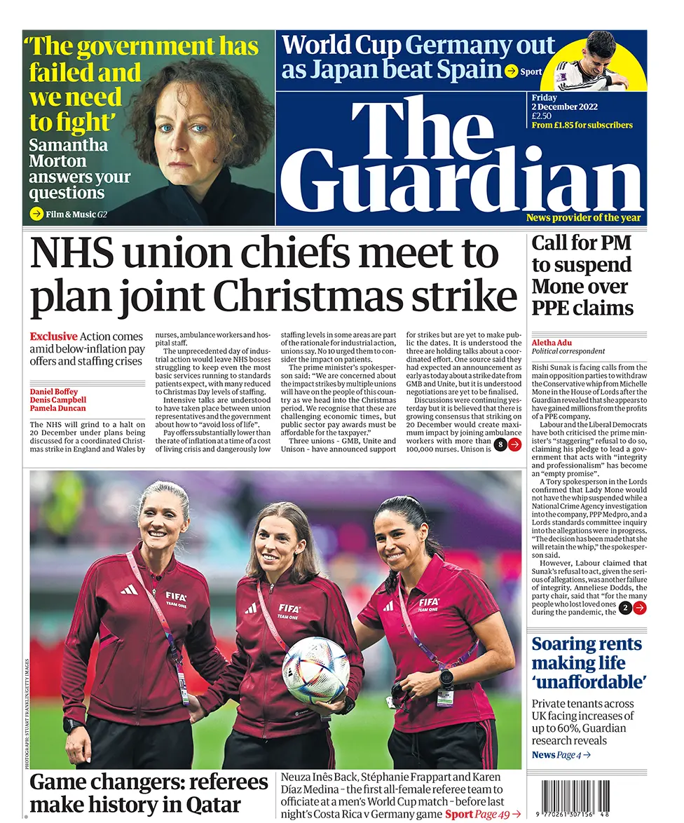 The main headline on the front page of the Guardian reads 'NHS union chiefs meet to plan joint Christmas strike'