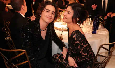 Getty Images Timothée Chalamet and Kylie Jenner at the 81st Golden Globe Awards held at the Beverly Hilton Hotel on January 7, 2024 in Beverly Hills, California