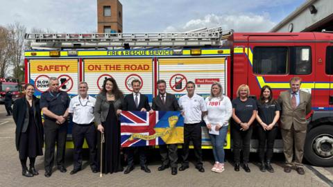 Chris Philp MP with representatives from NFCC, National Resilience, FIRE AID, Fire Industry Association, and Kent Fire and Rescue Service