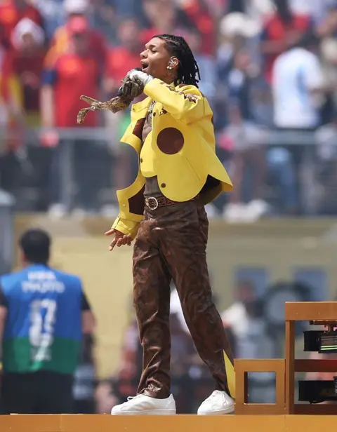 Getty Images Swae Lee performs during the closing ceremony before the FIFA World Cup 2026 Final match between Spain and Argentina at New York New Jersey Stadium