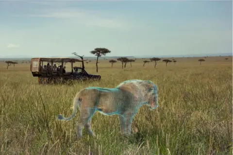 George Logan An abstract image of tourists on an African Safari tour looking at a holographic image of a lion
