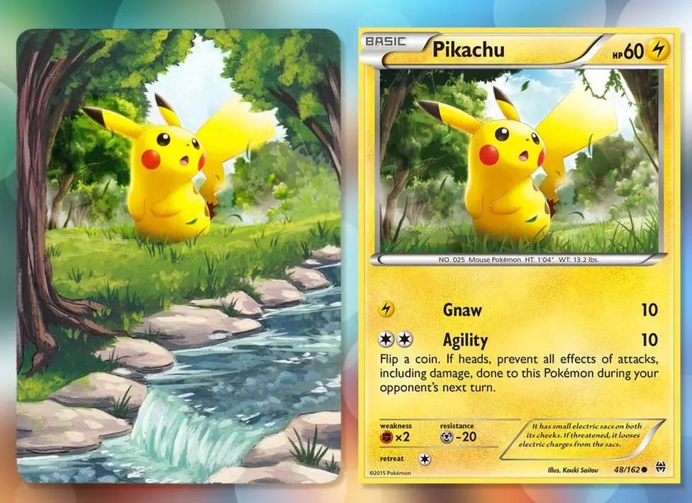 @Lunumbra/The Pokemon Company A Pokemon card of Pikachu, beside a painting on the same card. The name of the Pokemon, and other similar information, has been painted over to extend the landscape to feature grass, trees and a flowing river with a waterfall.