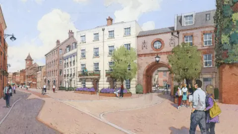 Lochailort Investments Ltd An artists impression of a Newbury street scene. It is a summers day and there are trees in the pedestrianised area. People are stolling wearing short-sleeve tops and wearing sunglasses.