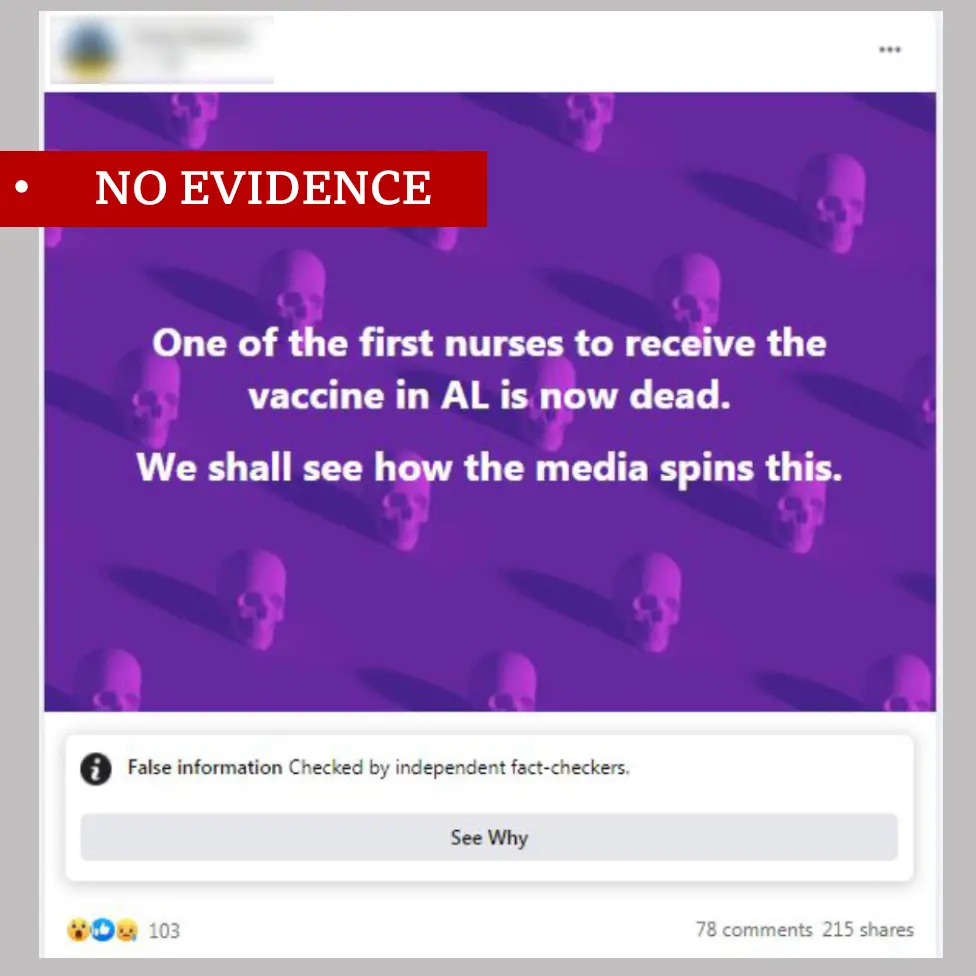 A screenshot of a Facebook post labeled "No Evidence". With a purple background with a repeating graphic of skulls, the post says "One of the first nurses to receive the vaccine in AL is now dead, We shall see how the media spins this."