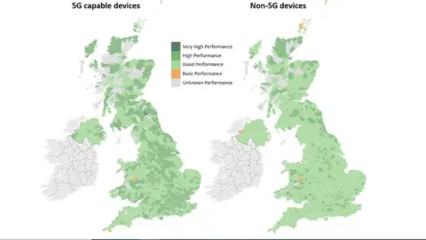Ofcom Combined operator performance comparing 5G and non-5G devices. Ofcom analysis of Opensignal data.