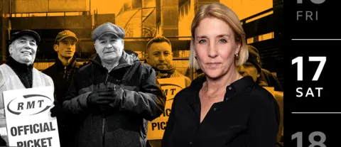 BBC RMT strike picket line, and a photo of BBC employment correspondent Zoe Conway