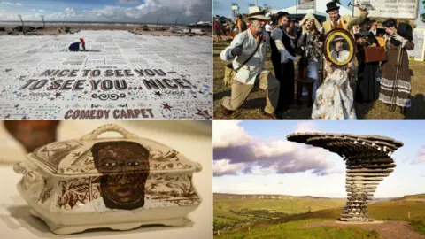 Getty Images (Clockwise from top left) Blackpool's Comedy Carpet, the audience at Beatherder festival near Clitheroe, the Singing Ringing Tree sculpture in Rossendale and Lubaina Himid's pottery