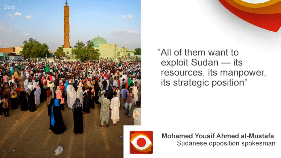 "All of them want to exploit Sudan - its resources, its manpower, its strategic position," said Mohamed Yousif Ahmed al-Mustafa, Sudanese opposition spokesman