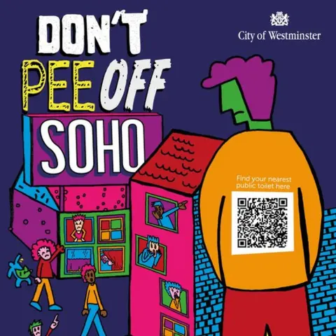 Westminster City Council A colourful campaign poster featuring the QR code and the slogan 'don't pee off Soho'