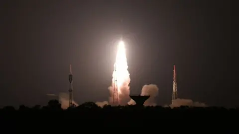 AFP/GETTY The Indian Space Research Organisation's (ISRO), Polar Satellite Launch Vehicle (PSLV-C44) launches off onboard India's Defence Research and Development Organisation's (DRDO) imaging satellite 'Microsat R' along with student satellite 'Kalamsat' at Satish Dhawan Space centre in Sriharikota, Andhra Pradesh state, on January 24 , 2019. (