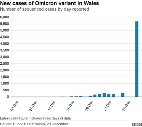 A graphic showing the number of new Omicron cases in Wales