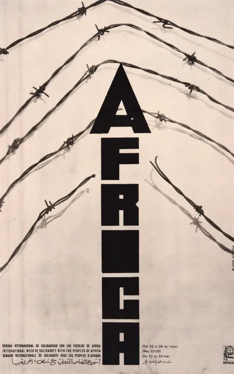 Gladys Acosta Ávila An Ospaal poster called International Week of Solidarity with the Peoples of Africa, 1970, showing the word Africa breaking through barbed wire