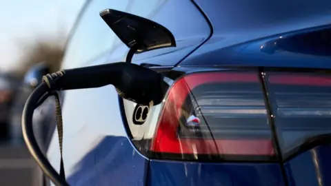 File image of an electric vehicle charging cable plugged into a blue car