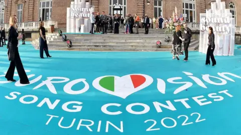 EPA Eurovision logo on a carpet in Turin in May 2022