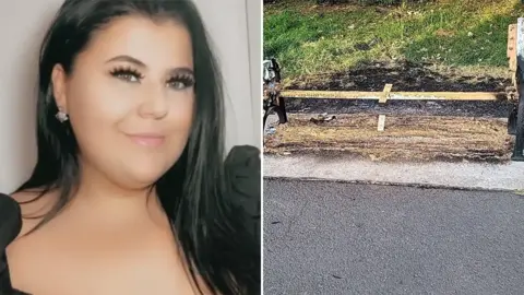 Bethanie Booth on the left. Smiling and wearing a lack dress. She has black hair. Bench destroyed by fire on the right