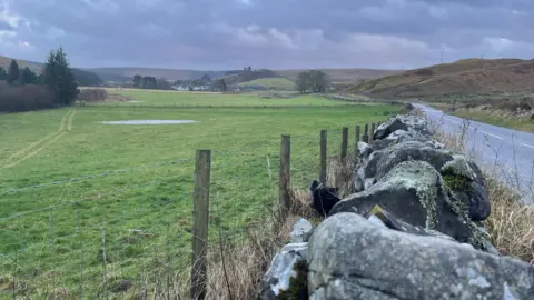 A view of the village of Eskdalemuir from a distance with a winding road leading towards it