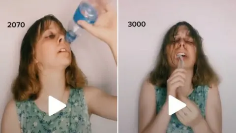 Anna Bogomolova On the left Anna is shown drinking water from a plastic bottle and on the right she is choking on plastic.