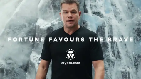 Crypto.com Matt Damon advertising cryptocurrency, with the slogan "Fortune Favours The Brave"