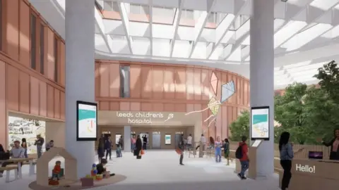 Leeds Teaching Hospitals NHS Trust A CGI image of a reception atrium inside the new hospital