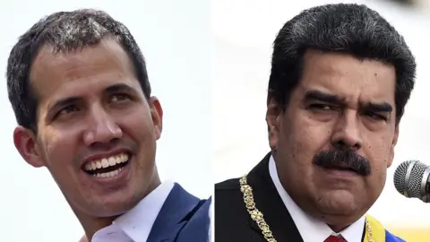 AFP A composite picture shows Venezuelan opposition leader Juan Guaidó (L) smiling during a gathering of supporters in Caracas in February, 2019, and Venezuelan President Nicolás Maduro delivering a speech during the ceremony of recognition by the Bolivarian National Armed Forces (FANB) in Caracas in January 2019