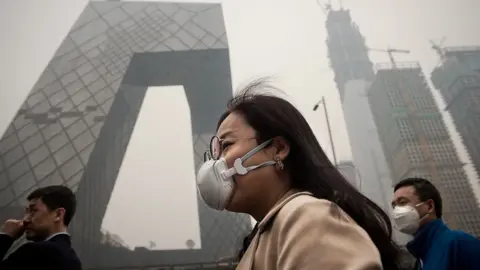 Getty Images Woman wearing anti-pollution mask in smoggy Beijing