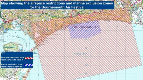 Dorset Police Map showing restricted airspace during Bournemouth Air Festival