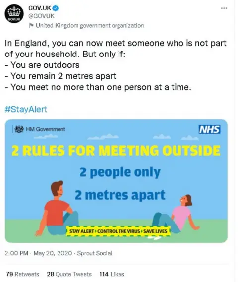 gov.uk tweet: "In England, you can now meet someone who is not part of your household. But only if you are: outdoors, remain 2m apart, you meet no more than one person at a time"