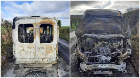 Wiltshire Police Two images of a completely burned out white minibus shown from the front and back